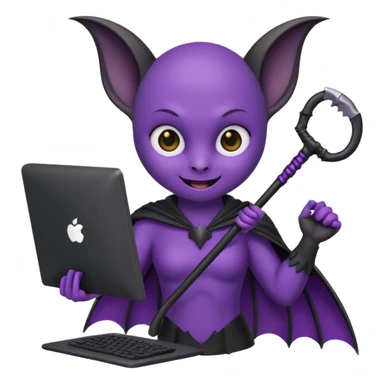 a happy purple bat holding a scythe while sitting in front of her computer sticker