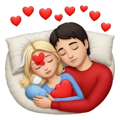 Sleeping couple. two people. man has dark hair. woman is blonde. hearts surrounding them. sticker