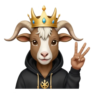 Goat with horns wearing black hoodie and a royal crown peace sign sticker