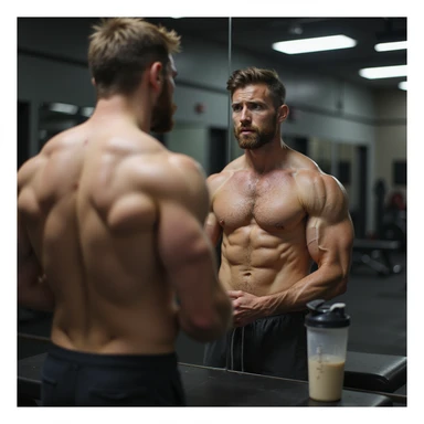 realistic male bodybuilder in definition phase, shirtless in front of mirror, looking at reflection with concern, less full muscles, visible but less pronounced veins, gym with soft lighting, protein shaker on bench, doubtful expression sticker