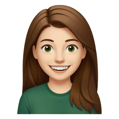 30 yr Caucasian woman long brown straight hair parted on side dark green shirt big smile white teeth sticker