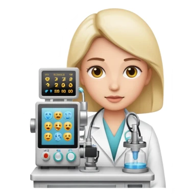 medical professional operating anesthesia machine, white coat, emoji illustration, clean background sticker