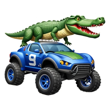 Dirty Joke’s Midnight-blue Local Motors Rally Fighter off road race car being driven by a five foot tall alligator, sitting in the driver’s seat, over a dirt ramp  sticker