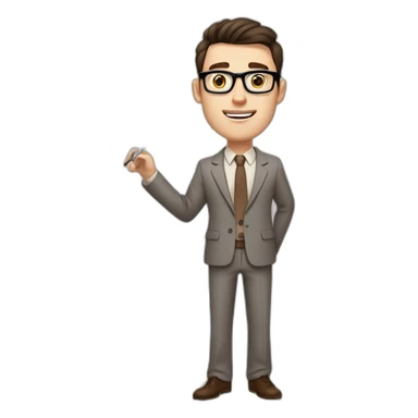 Pale skinned fit man with dark brown hair in gray jacket, beige office shirt, brown tie, brown pants and vintage glasses Writing on the flipchart sticker