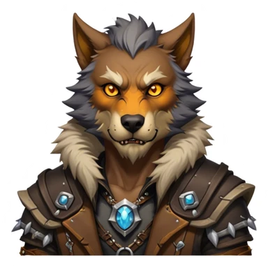 Cinematic Realistic WoW Worgen Portrait, head tilted epicly and inquisitively, showcasing the striking fusion of human intellect and beastly ferocity. His rugged fur and tanned skin, accented by piercing amber eyes and meticulously rendered worn leather garments, are bathed in dynamic lighting, high shine, epic and awe-inspiring, capturing the relentless spirit of a worgen at the apex of his power. sticker