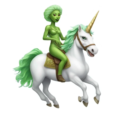a green amazon alien woman on a white unicorn sticker