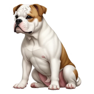 cinematic-[american bulldog]-realistic-full-body-sitting-emoji,-tail-resting-loosely-beside-its-paws,-head-tilted-dramatically,-fluffy-[colour]-fur,-simplified-yet-realistic-focused-features,-highly-detailed,-glowing-with-an-almost-sarcastic-glow sticker