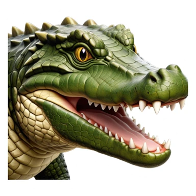 Cinematic Realistic Noble Crocodile Portrait Emoji, Poised and formidable, with a massive, muscular build and a rugged, intricately textured scaly hide in deep olive-green with natural camouflaged patterns, a powerful, fearsome jaw and piercing, ancient eyes rendered in lifelike detail, high shine, intelligent and imposing, styled with an air of primal authority, focused and attentive, soft glowing outline, capturing the essence of a watchful and confident crocodile that appears ready to surge out of the screen with effortless power! sticker