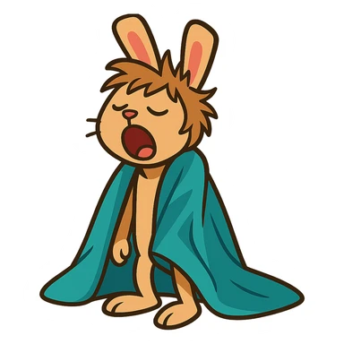 full-body pale brown bunny yawning with messy hair, blanket over shoulders, vibrant-toon style sticker
