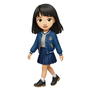 black color long hair with fringe, light skin long hair girl with brown varsity jacket,  navy long skirt walking

 sticker