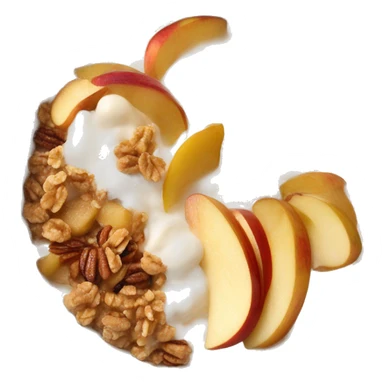 Vanille Porridge in a beige Bowl with caramelized Apples and granola and yoghurt sticker
