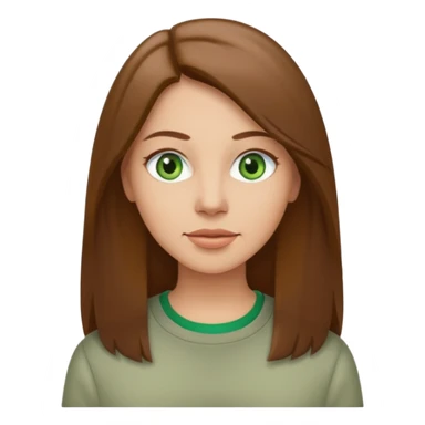 Adult woman avatar, light skin tone, oval face, straight long brown hair, green eyes, neutral mouth, casual  sticker