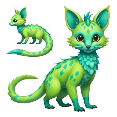 Feral Rare Fantasy vibrant tropical exotic neon-lime green and cyan Vernid-Trico-species-creature by LiLaiRa, random markings, tufted tail, tufted ears, full body sticker