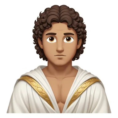 Cinematic Realistic Hercules Portrait, depicted as a classical Greek hero inspired by the Disney version yet echoing the refined proportions and serene dignity of Michelangelo's David. His idealized, tan skin glows with timeless strength, and his thick, curly wavy dark brownhair falls in natural, sculpted curls. Draped in a flowing white robe with delicate golden accents, his expressive eyes radiate determined nobility, all rendered under dynamic natural lighting with a mythic, radiant glow. sticker