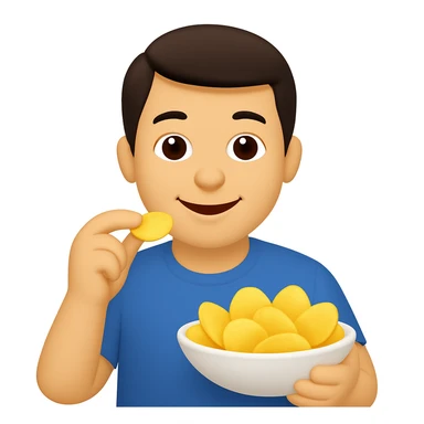 man eating chips, more white, smiling a little, emoji sticker