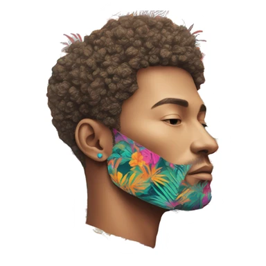 Person vaping wearing a colourful vibrant tropical patchwork of intricate vintage patterns, vape sticker