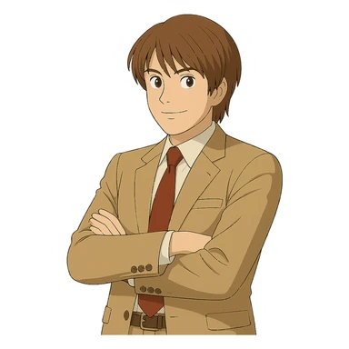 Make this exact Light Yagami in Ghibli style, standing with his arms crossed and body slightly turned to the right, same suit, same confident expression. Match the face, hair, and suit details exactly to the reference. Transparent background. sticker
