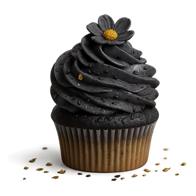 Change the icing to black sesame: dark gray, slightly glossy, speckled with black sesame seeds. Keep the realistic cupcake and accessories in photorealistic style with transparent background. sticker