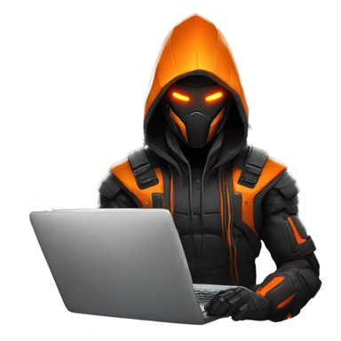  developer behind his laptop with this style : crysis Cyberpunk Valorant orange glowing bright orange character orange black hooded assassin themed character sticker