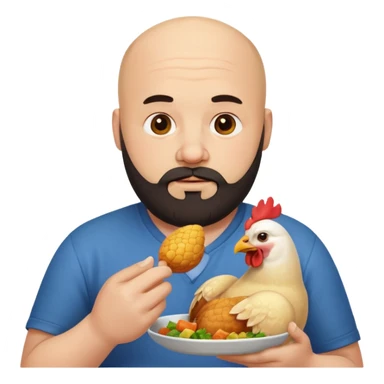 a bigger white bald man with a dark beard eating chicken sticker