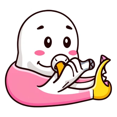 kissing emoji with a yellow bone in its mouth, bone has a pink tip sticker