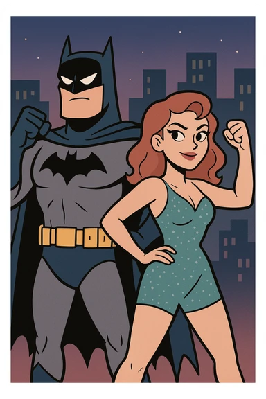 Batman and a woman in a sparkly outfit, both striking a heroic pose, colorful comic style, nighttime cityscape sticker