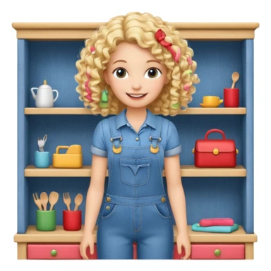 smiling blonde curly woman arranging furniture in doll house with overalls sticker