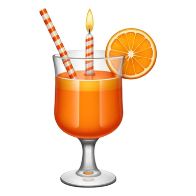 An orange with a horizontal red stripe around the middle. 4 vertical cocktail sticks in the orange with small pieces of candy on the sticks. On top of the orange a small white lit candle. sticker