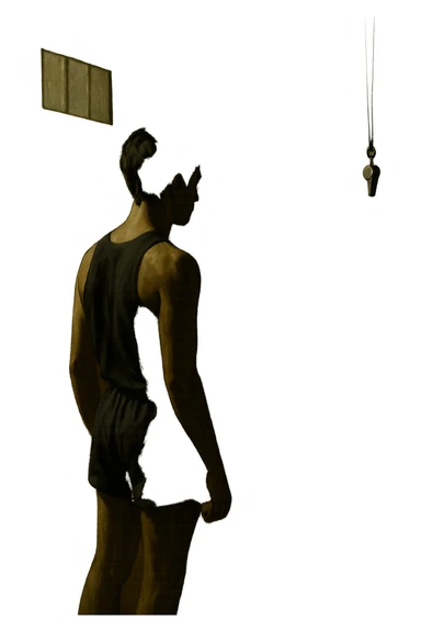 cinematic a person stands alone on a running track or in a fitness studio, glancing toward an empty coach’s chair or whistle hanging on a hook. The absence of the coach is emphasized by a faint, transparent silhouette or shadow where the coach should be. The atmosphere is quiet and a bit disheartened. in italiano sticker