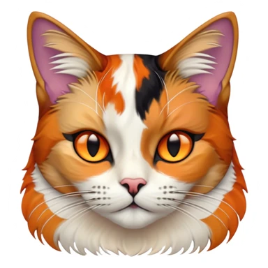 Cinematic Noble Calico Cat Portrait Emoji, Poised and regal, with a striking patchwork fur in vibrant orange, black, and white hues, delicate whiskers and a refined, focused gaze, simplified yet exquisitely detailed, glowing with a soft, moonlit radiance and an air of aristocratic elegance, high shine, exuding dignified intelligence and poised authority, soft glowing outline, capturing the essence of a watchful and noble calico cat that appears ready to grace the screen with effortless majesty! sticker