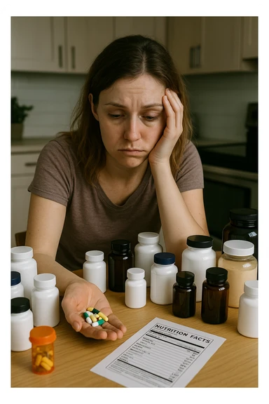 a woman in her 30s sits at her kitchen table, surrounded by dozens of supplement bottles, powders, and pills. She looks anxious and fatigued, with her head resting in one hand while the other holds a handful of colorful capsules. On the table, a nutrition chart is ignored, and her skin appears slightly dull or stressed. The mood is cautionary and educational. in italiano sticker