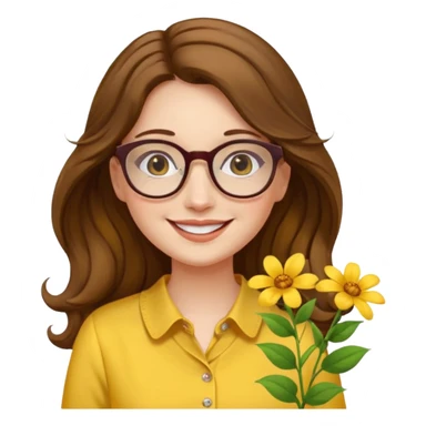 girl with a yellow blouse with flowers, with hair long hair in waves with glasses smiling sticker