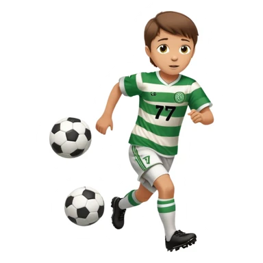 Celtic footballer jersey logo  6 years old brown hair white boy , stripes uniform , RUNNING  with soccer ball # 17 celtic football logo PUT ONLY ONE LOGO sticker