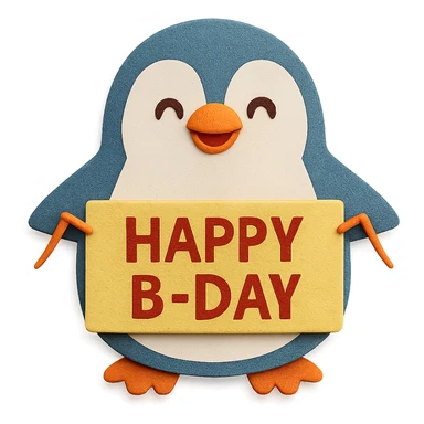 Make the penguin's face look happy and cheerful, keeping the paper-craft style and color palette. Keep the 'Happy B-Day' banner sticker