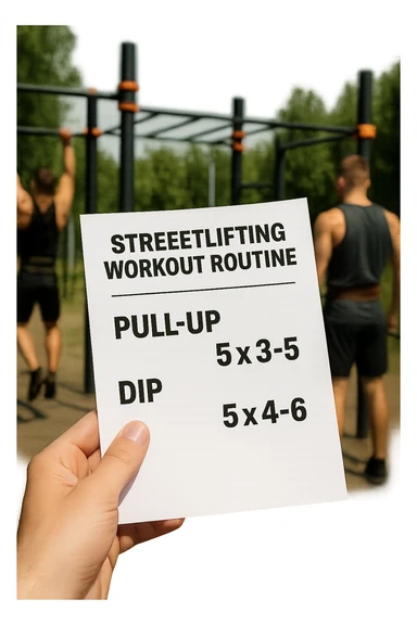 a close-up of a hand holding a printed streetlifting workout routine, with the exercises and sets written in bold text. In the background, an outdoor gym with pull-up bars, dip stations, and athletes wearing weighted belts. The lighting is natural, and the mood is motivational. sticker