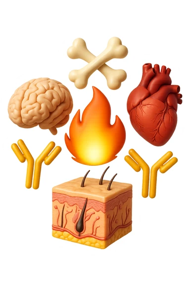 EMOJI STILE IPHONE 3D DI cervello, ossa, cuore, porzione di epidermide e cellule di anticorpi che girano in tondo, al centro di questi elementi c'è una fiamma 3d  FALLO MOLTO REALISTICO IN 3D sticker