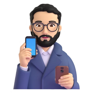 professional man with medium black beard, neat black hair, connected unibrow, olive tan skin, brown eyes, glasses, prominent nose, wearing a black coat, holding a smartphone sticker