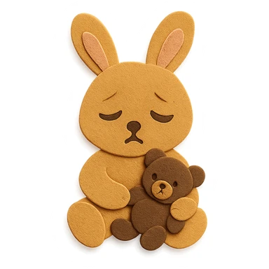 flawless, highly detailed, high quality paper craft style illustration of a caramel-colored bunny holding a teddy bear, eyes drooping, perfect proportions, no imperfections, intricate textures, soft lighting, delicate cut-paper details sticker