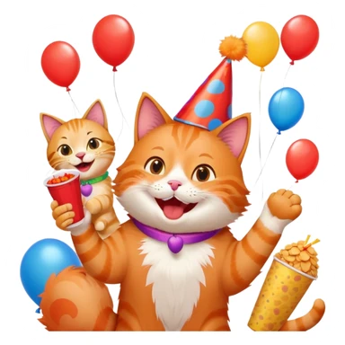 cat laughing with friends, surrounded by balloons and snacks, college party scene sticker