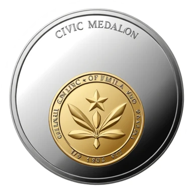 A silver coin type medallion with the words 'Civic Medallion' on it sticker