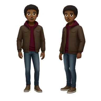 black boy, very short brown hair, brown eyes, full body, young, brown jacket with burgundy sweater sticker