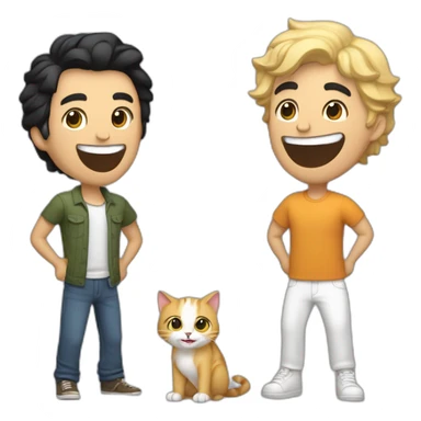Gay couple, 1 guy Latino black straight hair and 1 Australian white guy with blonde slightly curly hair laughing full body and a cat in the middle sticker
