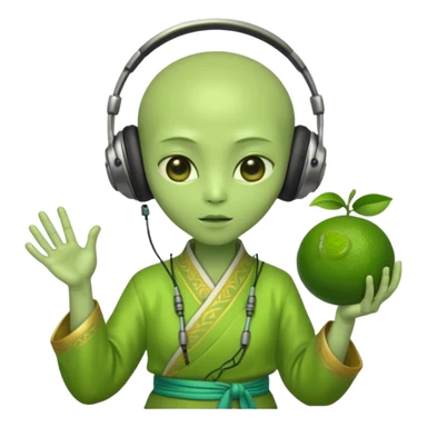 alien, korean ancient dress with headphone, lime sticker