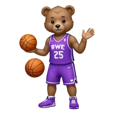 Bear with full body and wearing basketball white and purple jersey that says RWE  sticker