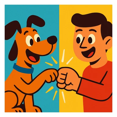 a cartoon dog and a cartoon human fist bumping, playful, vibrant colors sticker