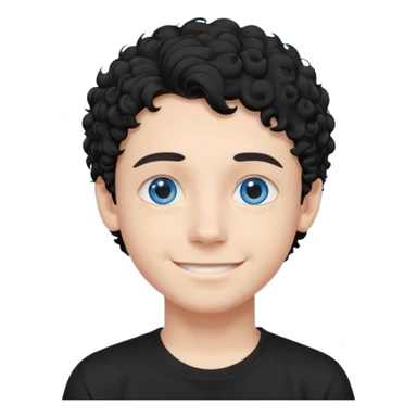 boy, young face like 20 years, blue eyes, medium curly hair black, easy smile, black t-shirt, purple background. sticker