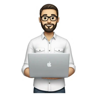 Emoji man with beard holding macbook in hands wearing glasses and shirt, profession - graphic designer. Features: white skin, full body type, dark hair, age 21 years, earring in left ear sticker