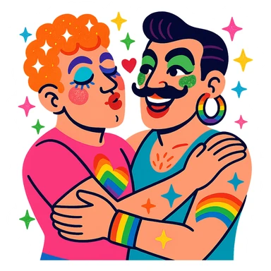 two men with exaggerated campy style, glitter, makeup, rainbow accessories, playful and loving sticker