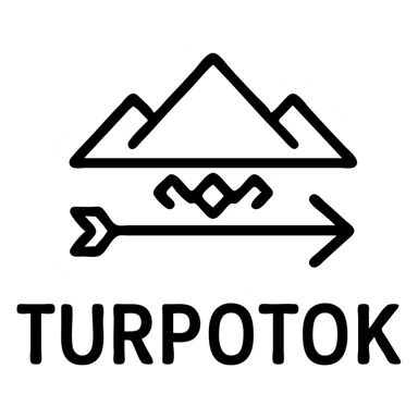 Simplified logo for Turpotok featuring a Kurai arrow and Ural Mountains, with clean lines and a modern sans-serif font. Minimal Bashkir ornamentation sticker
