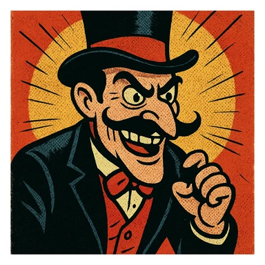 bad guy, classic cartoon villain, twirled mustache, evil grin, comic book style sticker